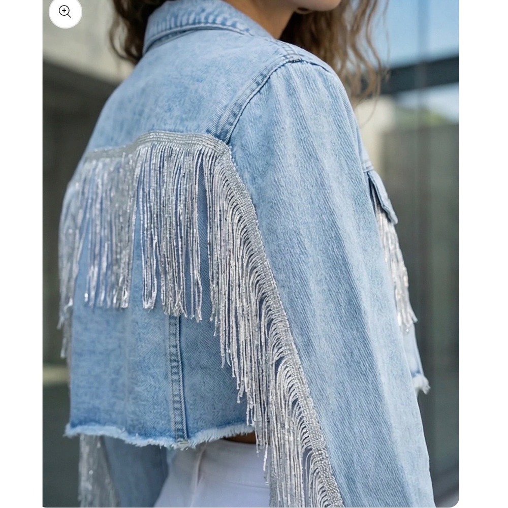 Light Wash Denim Jacket Silver Metallic Fringe Cropped Western Concert Women 2XL